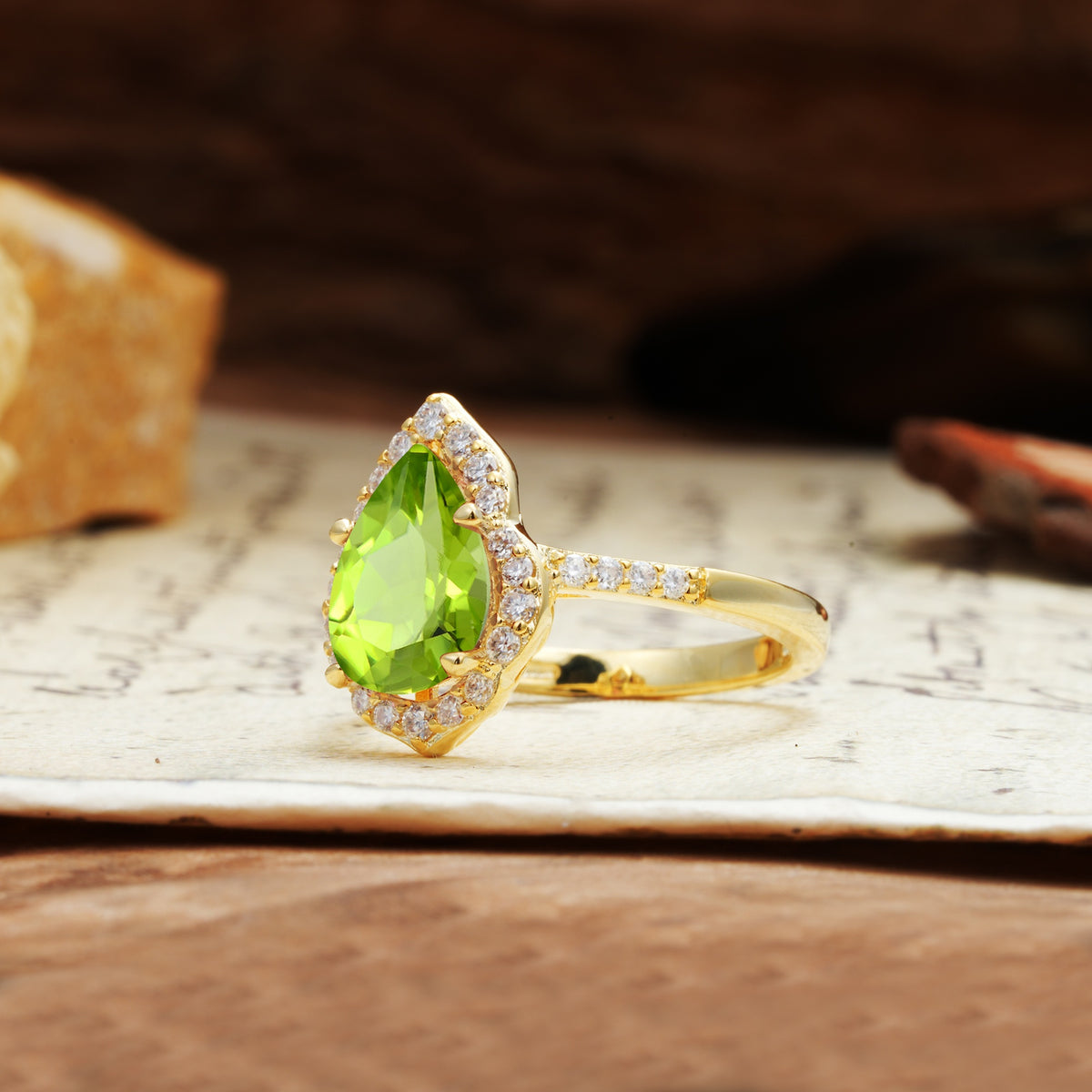 Unique, Luxurious, and Vintage 4-Prong Pear Cut Peridot Engagement Ring - Additional view