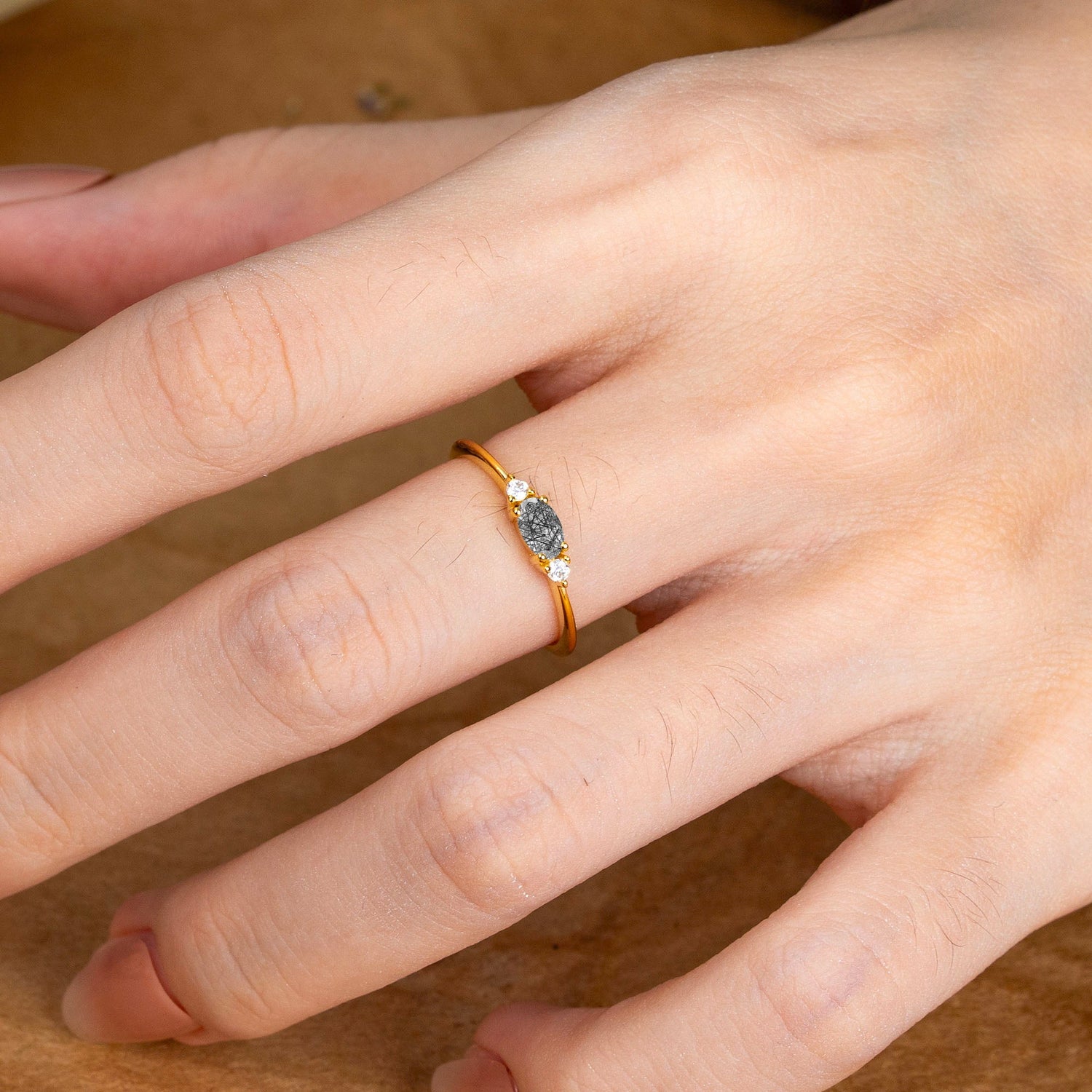 Round & Oval Cut Black Rutilated Quartz Ring Timeless Three Stones Promise Ring