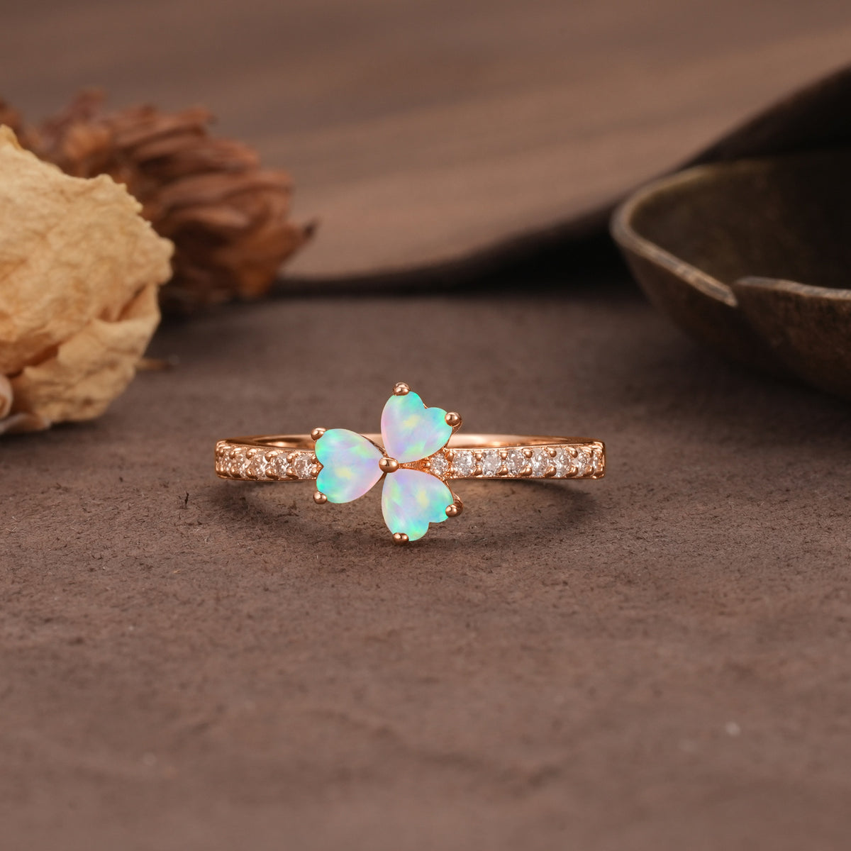 Unique Three-Leaf Clover, 3-Prong Heart Cut Fire Opal Three-Stone Wedding Ring - Additional view