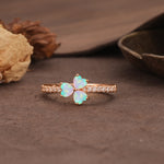 Unique Three-Leaf Clover, 3-Prong Heart Cut Fire Opal Three-Stone Wedding Ring - Additional view