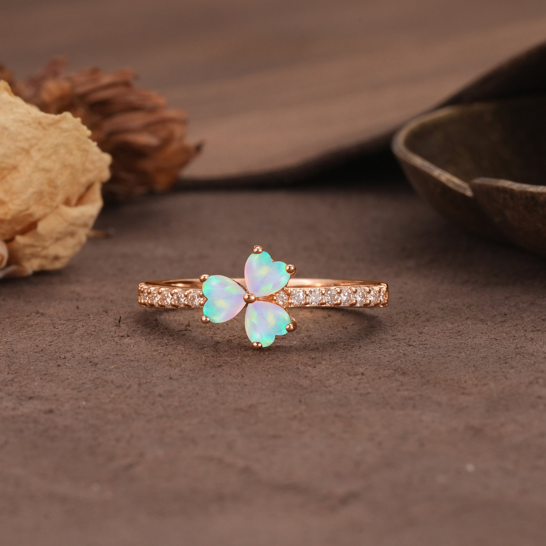 Unique Three-Leaf Clover, 3-Prong Heart Cut Fire Opal Three-Stone Wedding Ring - Additional view