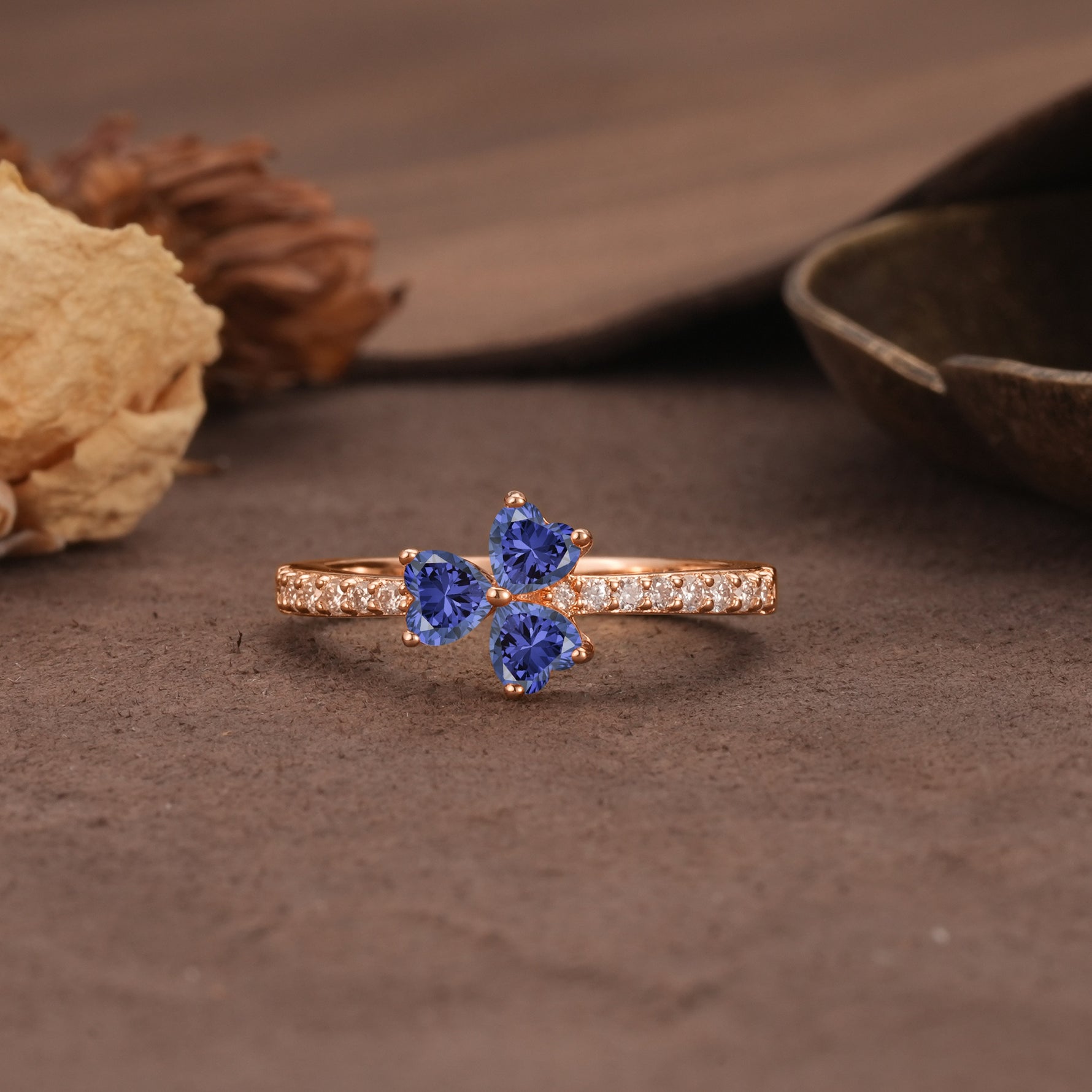 Unique Three-Leaf Clover, 3-Prong Heart Cut Tanzanite Three-Stone Wedding Ring - Additional view