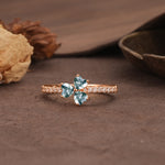 Unique Three-Leaf Clover, 3-Prong Heart Cut Moss Agate Three-Stone Wedding Ring - Additional view