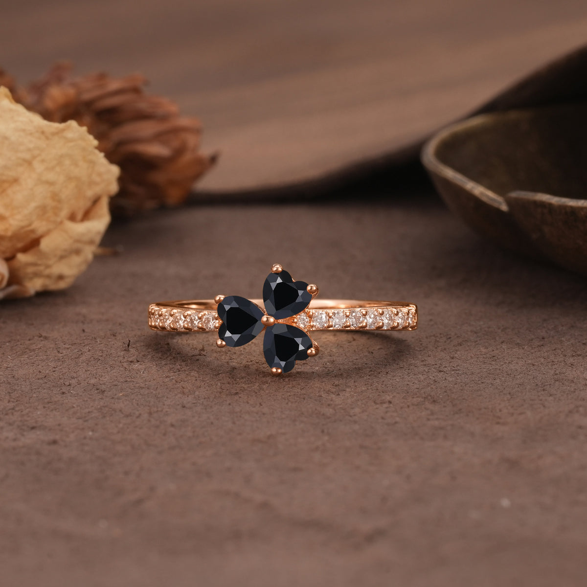 Unique Three-Leaf Clover, 3-Prong Heart Cut Black Onyx Three-Stone Wedding Ring - Additional view