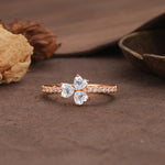 Unique Three-Leaf Clover, 3-Prong Heart Cut Lab Diamond Three-Stone Wedding Ring - Additional view