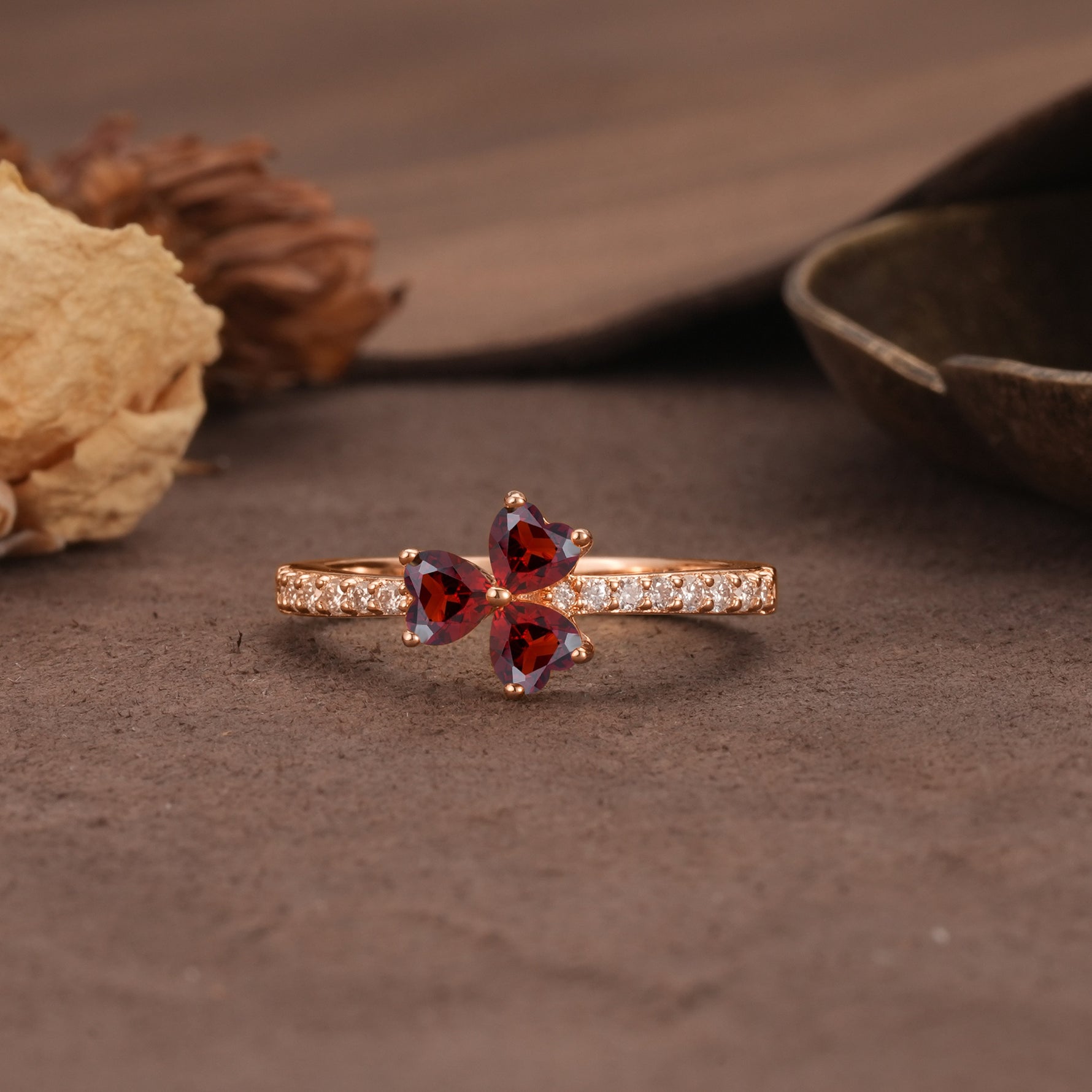 Unique Three-Leaf Clover, 3-Prong Heart Cut Garnet Three-Stone Wedding Ring - Additional view
