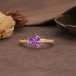 Unique Three-Leaf Clover, 3-Prong Heart Cut Amethyst Three-Stone Wedding Ring - Additional view