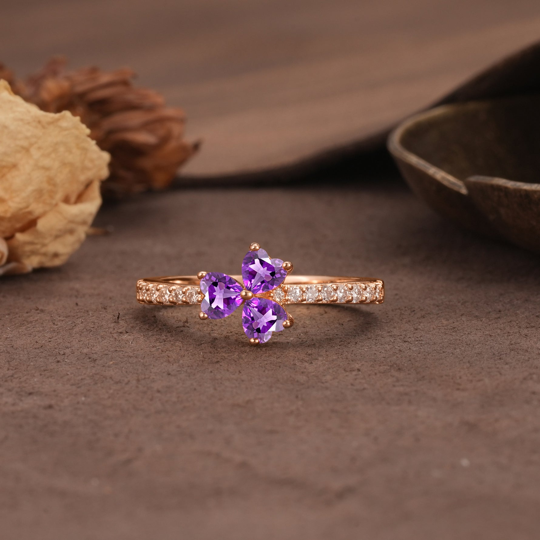 Unique Three-Leaf Clover, 3-Prong Heart Cut Amethyst Three-Stone Wedding Ring - Additional view