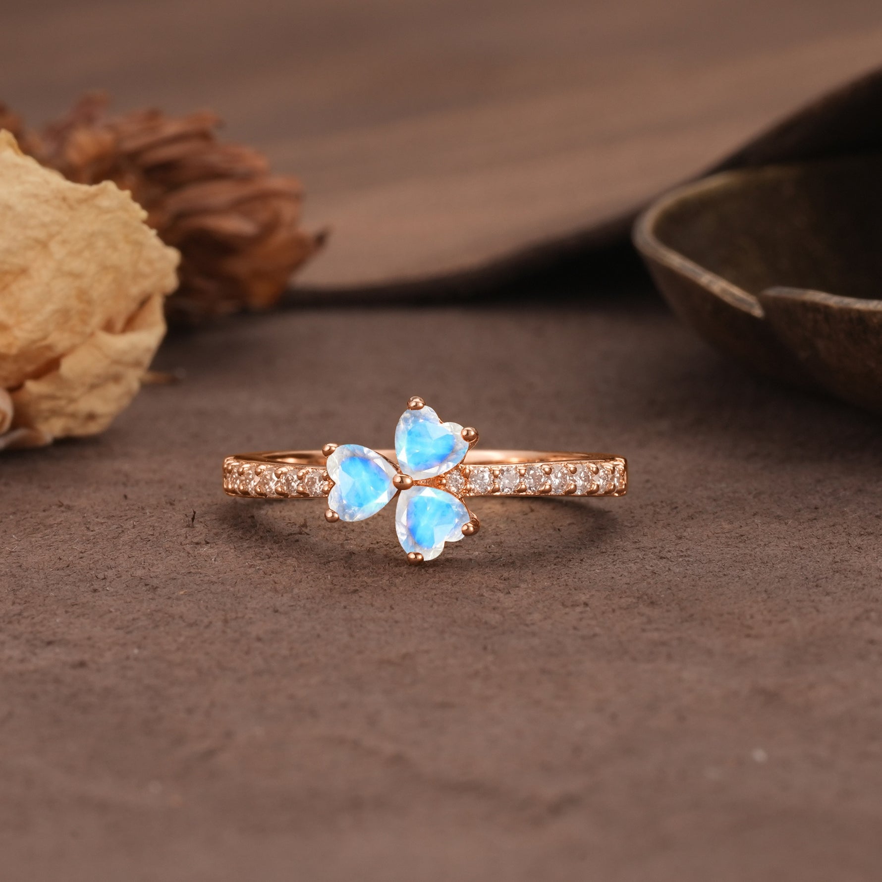 Unique Three-Leaf Clover, 3-Prong Heart Cut Moonstone Three-Stone Wedding Ring - Additional view