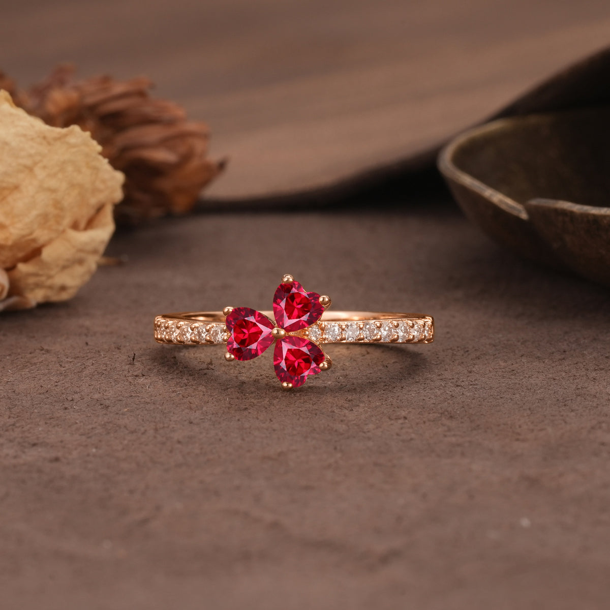 Unique Three-Leaf Clover, 3-Prong Heart Cut Ruby Three-Stone Wedding Ring - Additional view