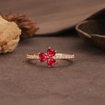 Unique Three-Leaf Clover, 3-Prong Heart Cut Ruby Three-Stone Wedding Ring - Additional view