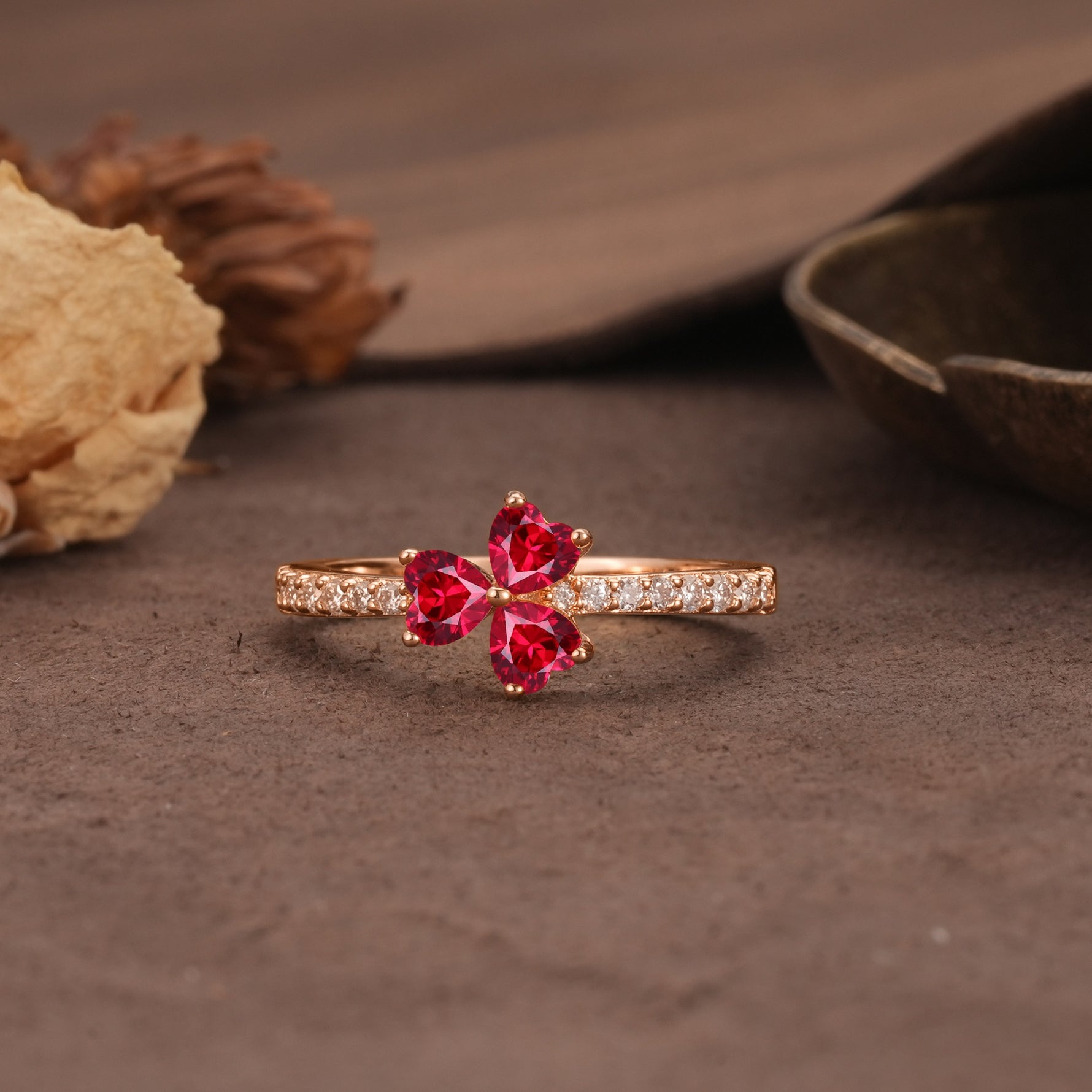 Unique Three-Leaf Clover, 3-Prong Heart Cut Ruby Three-Stone Wedding Ring - Additional view