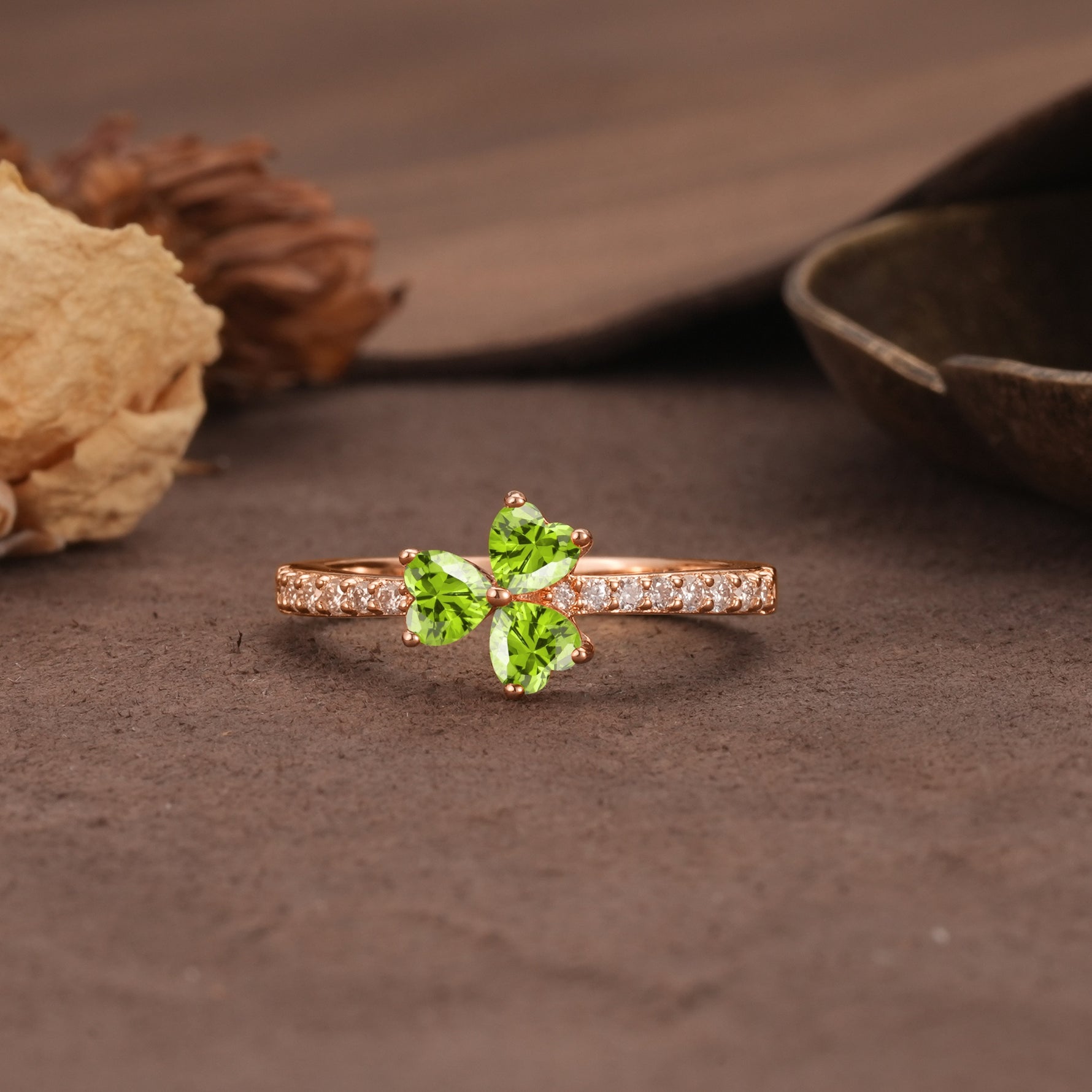 Unique Three-Leaf Clover, 3-Prong Heart Cut Peridot Three-Stone Wedding Ring - Additional view