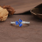 Unique Three-Leaf Clover, 3-Prong Heart Cut Sapphire Three-Stone Wedding Ring - Additional view
