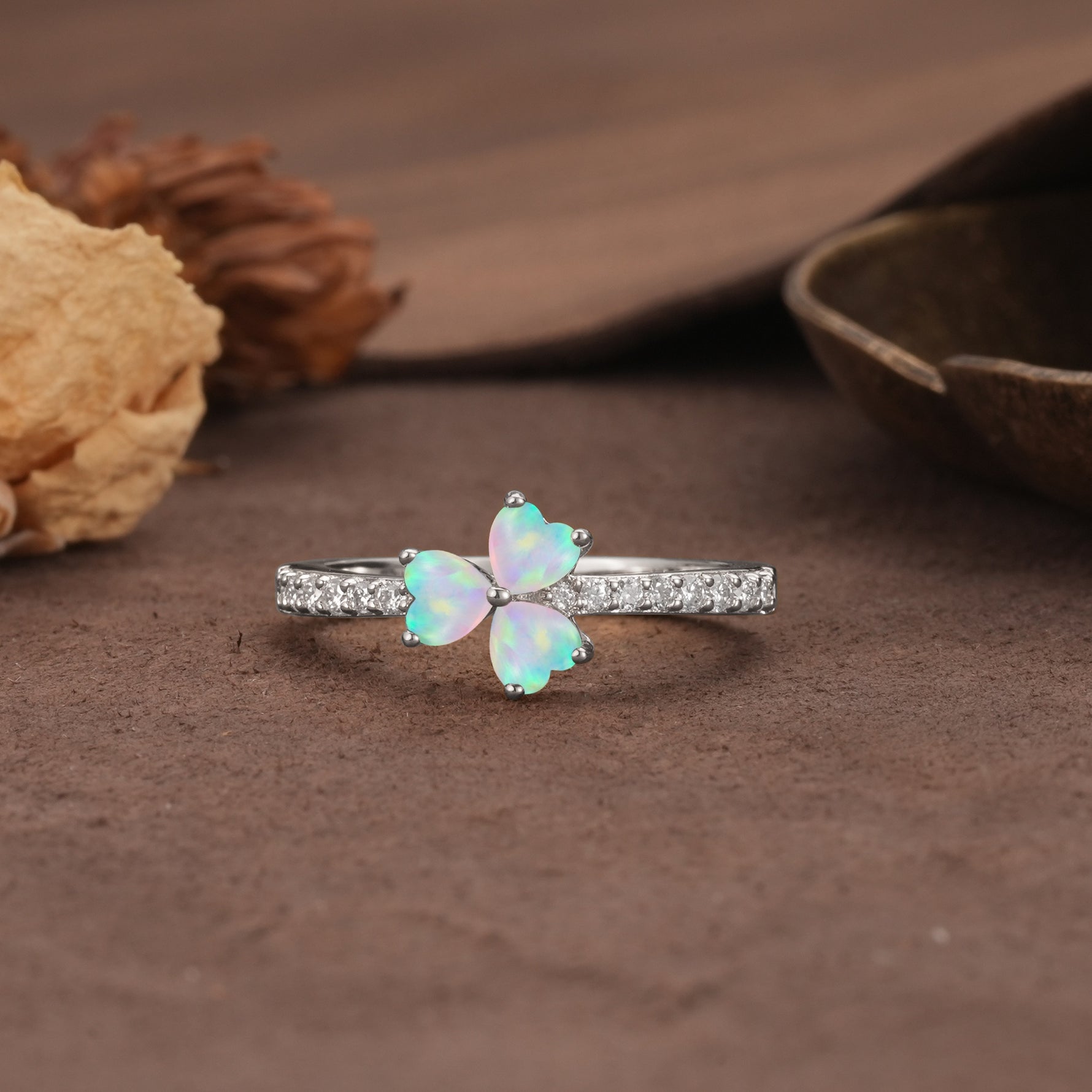 Unique Three-Leaf Clover, 3-Prong Heart Cut Fire Opal Three-Stone Wedding Ring - Additional view