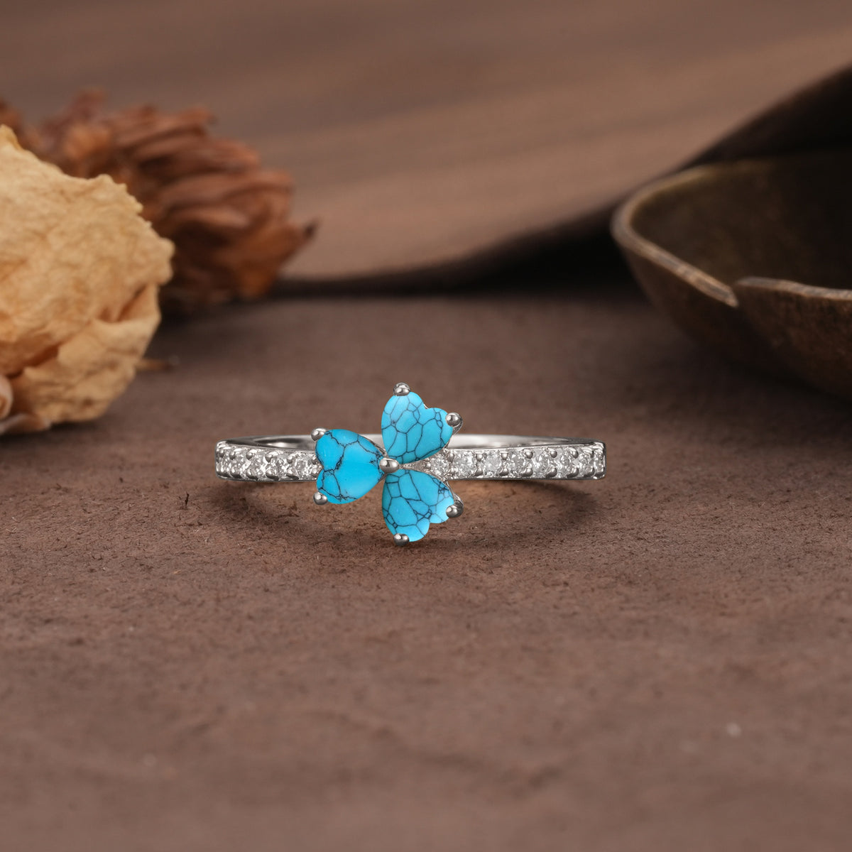 Unique Three-Leaf Clover, 3-Prong Heart Cut Turquoise Three-Stone Wedding Ring - Additional view