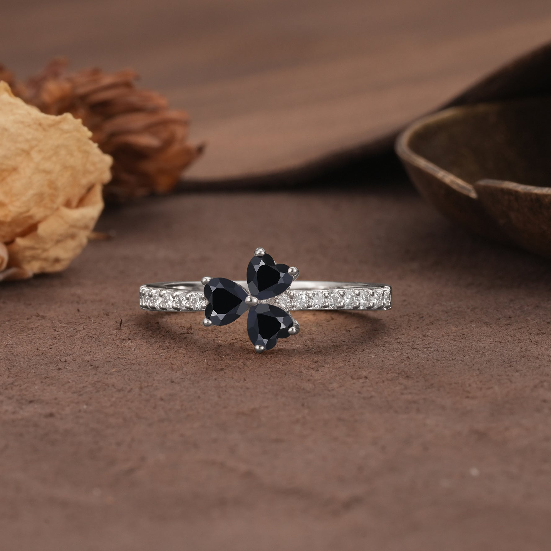 Unique Three-Leaf Clover, 3-Prong Heart Cut Black Onyx Three-Stone Wedding Ring - Additional view