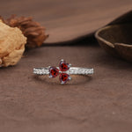 Unique Three-Leaf Clover, 3-Prong Heart Cut Garnet Three-Stone Wedding Ring - Additional view