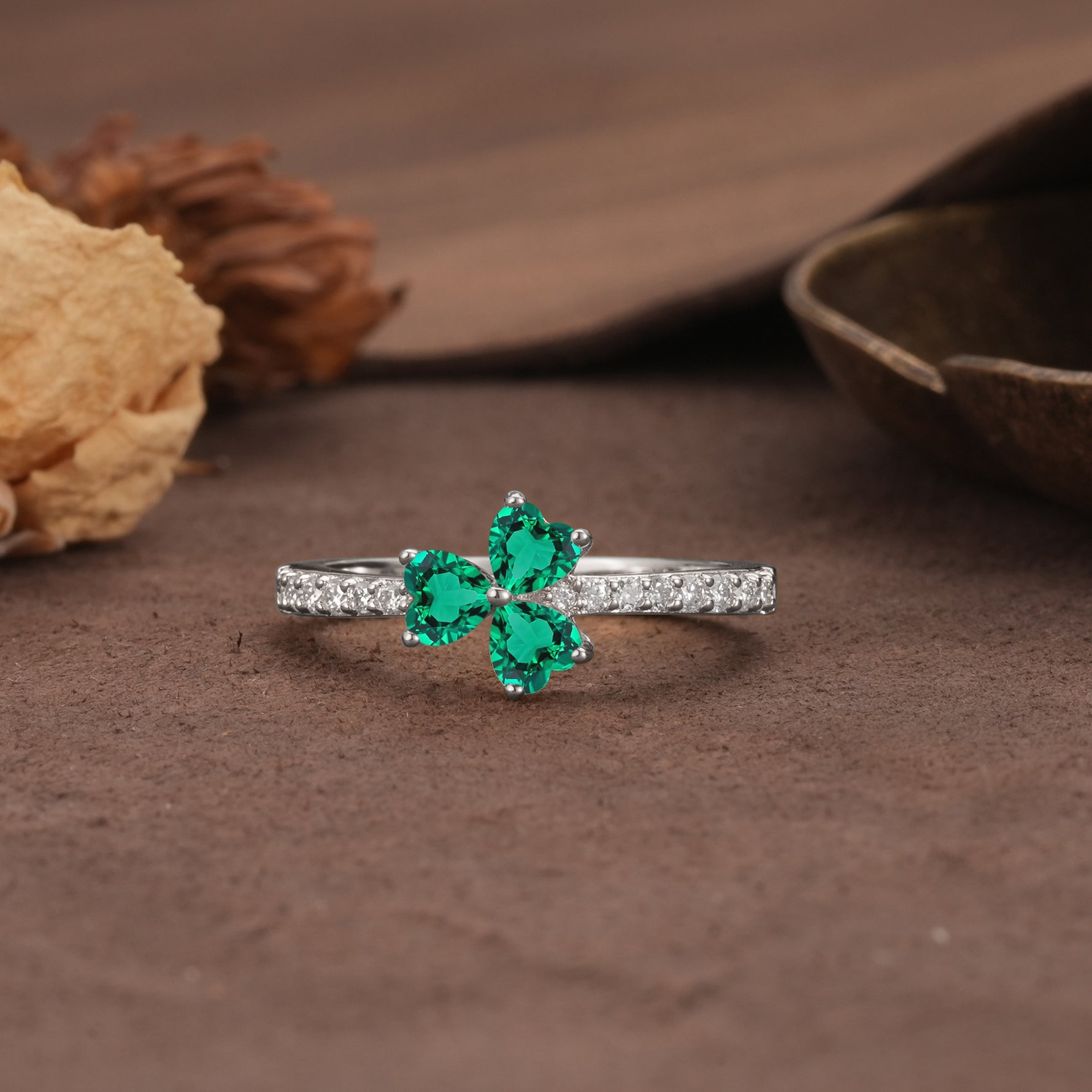 Unique Three-Leaf Clover, 3-Prong Heart Cut Emerald Three-Stone Wedding Ring - Additional view