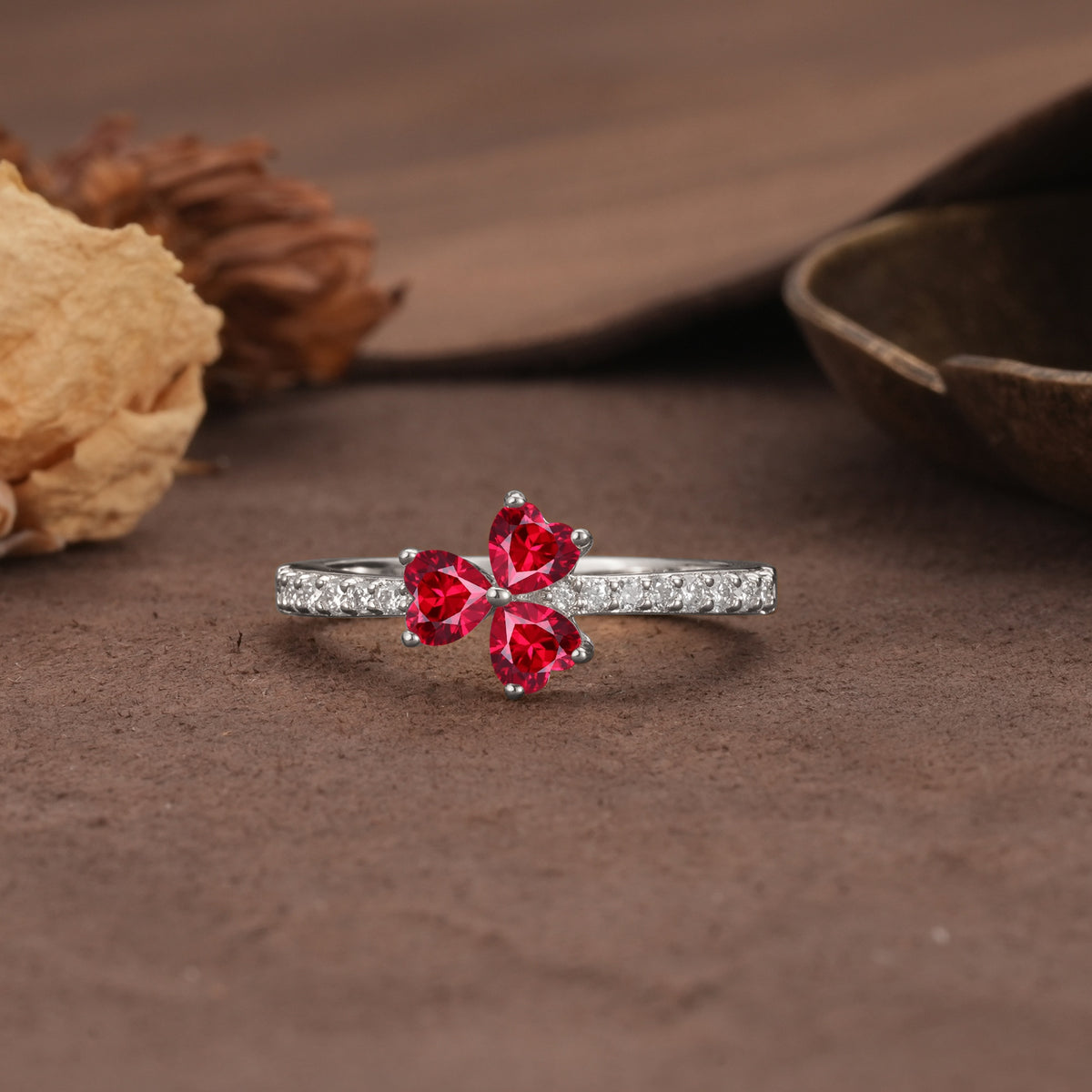 Unique Three-Leaf Clover, 3-Prong Heart Cut Ruby Three-Stone Wedding Ring - Additional view