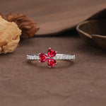Unique Three-Leaf Clover, 3-Prong Heart Cut Ruby Three-Stone Wedding Ring - Additional view