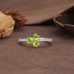 Unique Three-Leaf Clover, 3-Prong Heart Cut Peridot Three-Stone Wedding Ring - Additional view