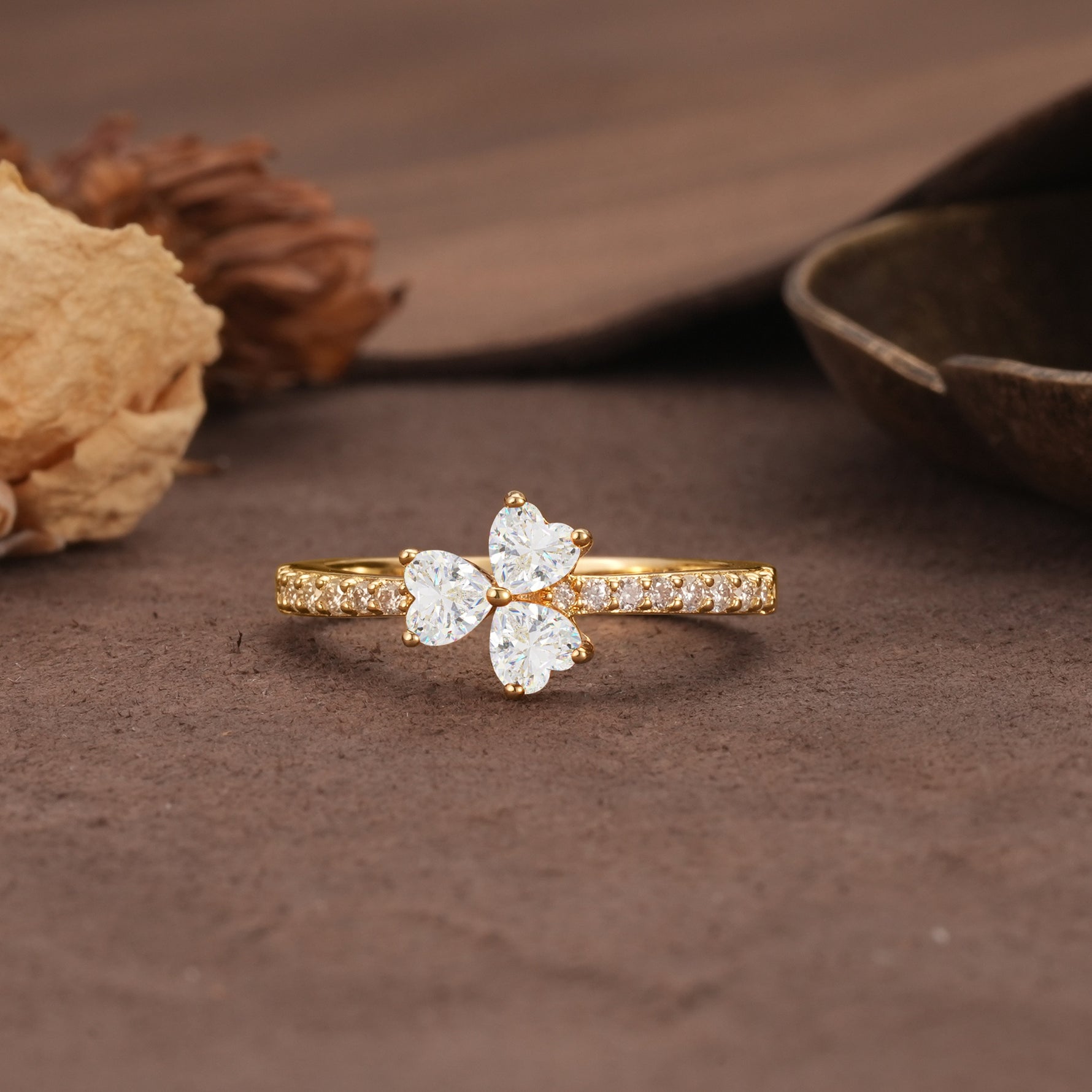 Unique Three-Leaf Clover, 3-Prong Heart Cut Moissanite Three-Stone Wedding Ring - Additional view