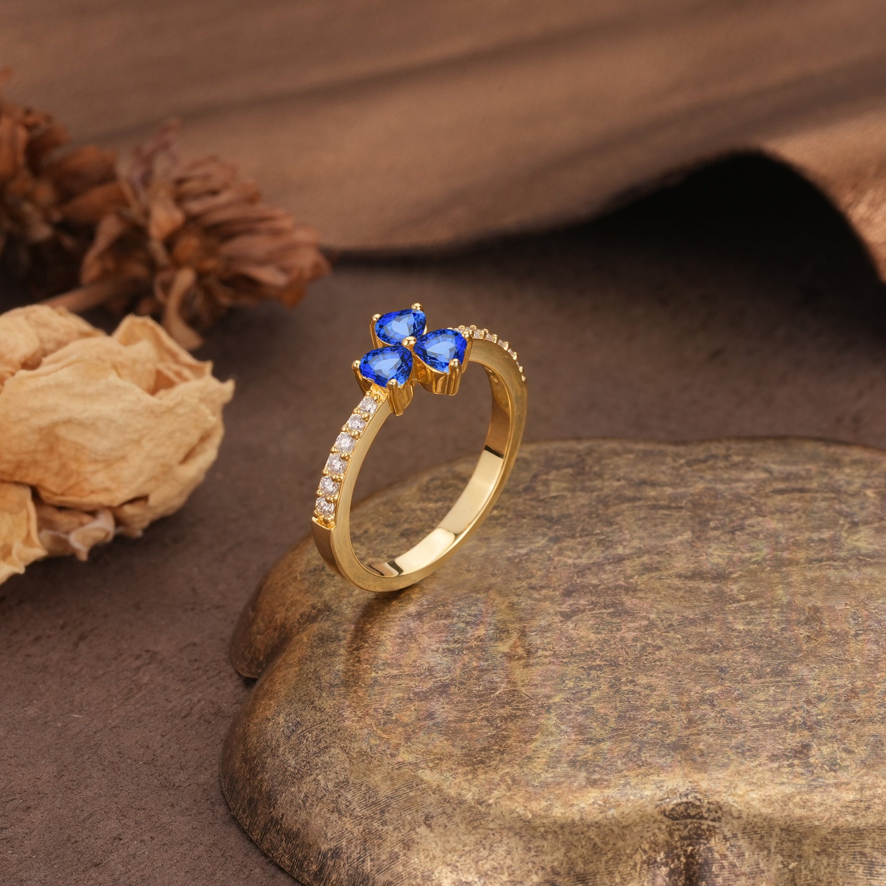 Unique Three-Leaf Clover, 3-Prong Heart Cut Sapphire Three-Stone Wedding Ring - Additional view
