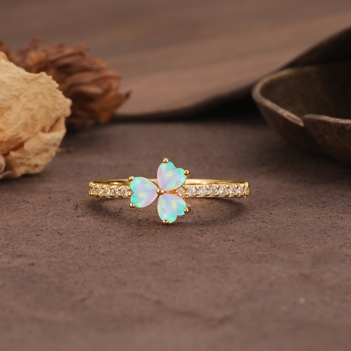 Unique Three-Leaf Clover, 3-Prong Heart Cut Fire Opal Three-Stone Wedding Ring - Additional view