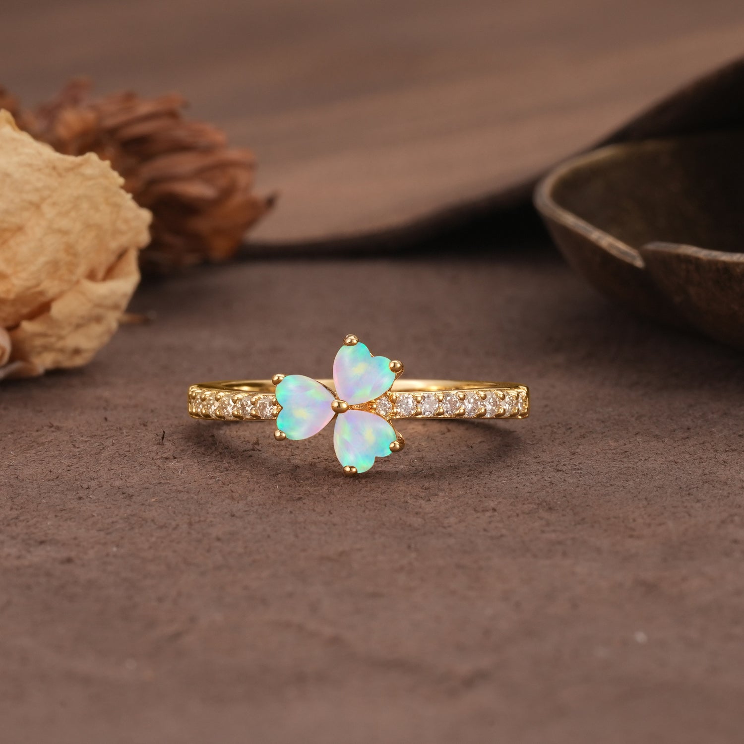 Unique Three-Leaf Clover, 3-Prong Heart Cut Fire Opal Three-Stone Wedding Ring - Additional view