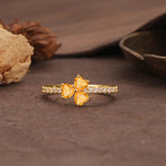 Unique Three-Leaf Clover, 3-Prong Heart Cut Citrine Three-Stone Wedding Ring - Additional view