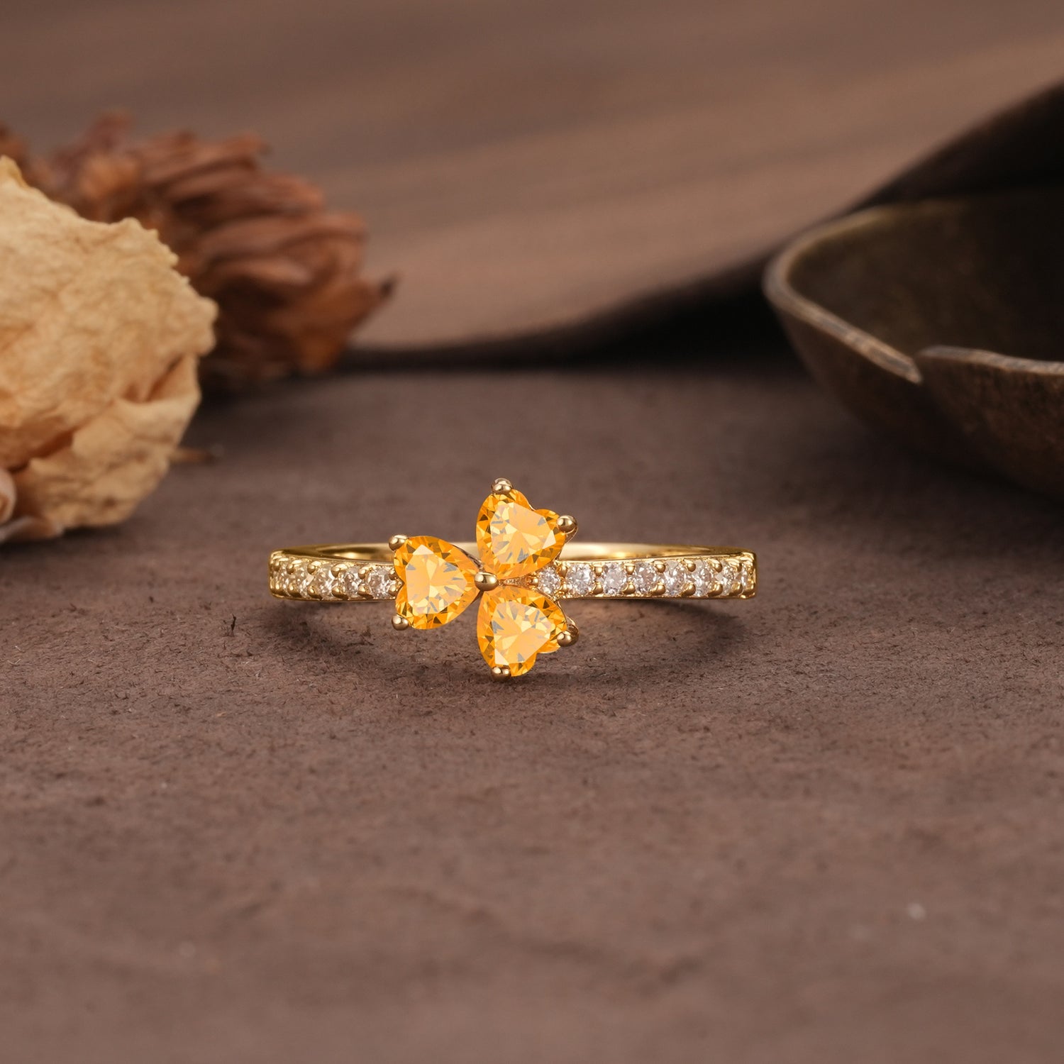 Unique Three-Leaf Clover, 3-Prong Heart Cut Citrine Three-Stone Wedding Ring - Additional view
