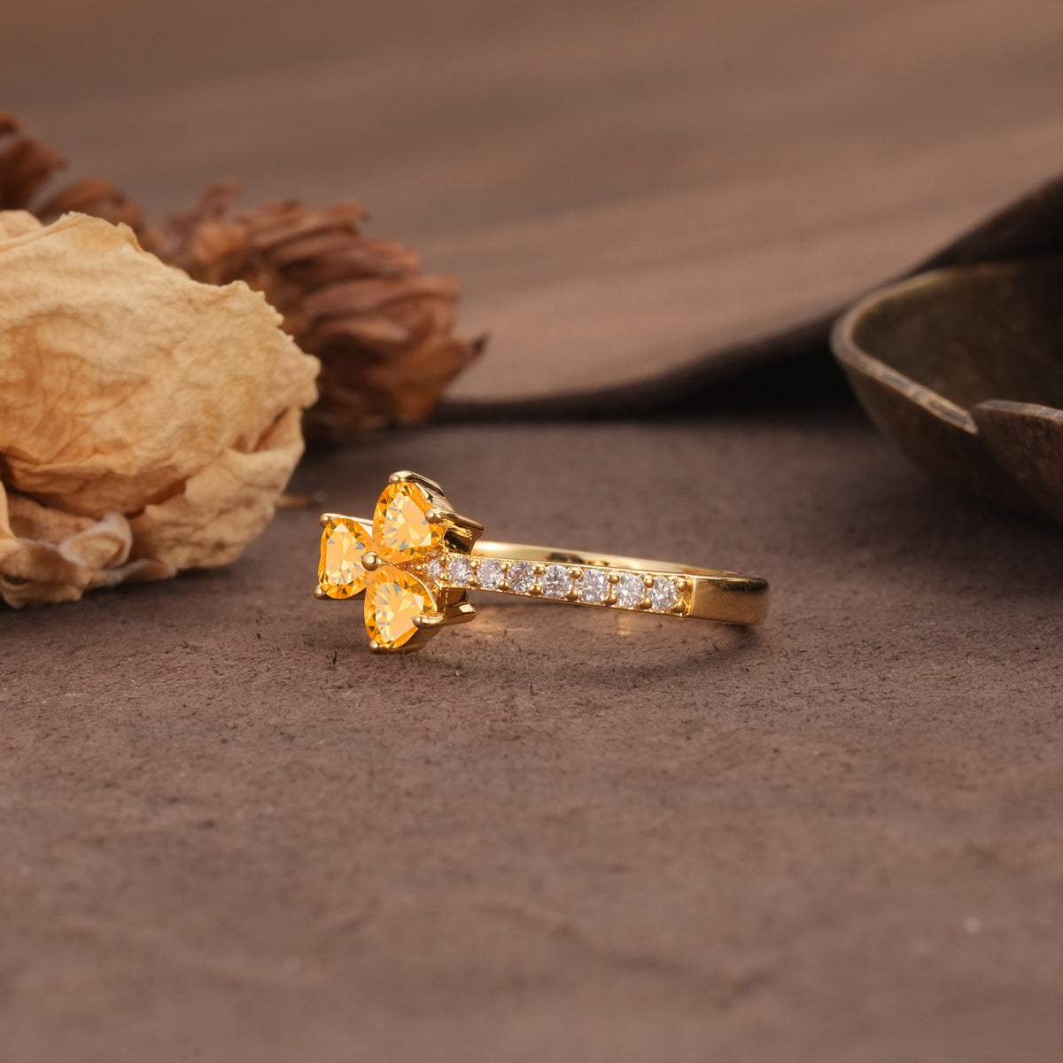 Unique Three-Leaf Clover, 3-Prong Heart Cut Citrine Three-Stone Wedding Ring - Additional view