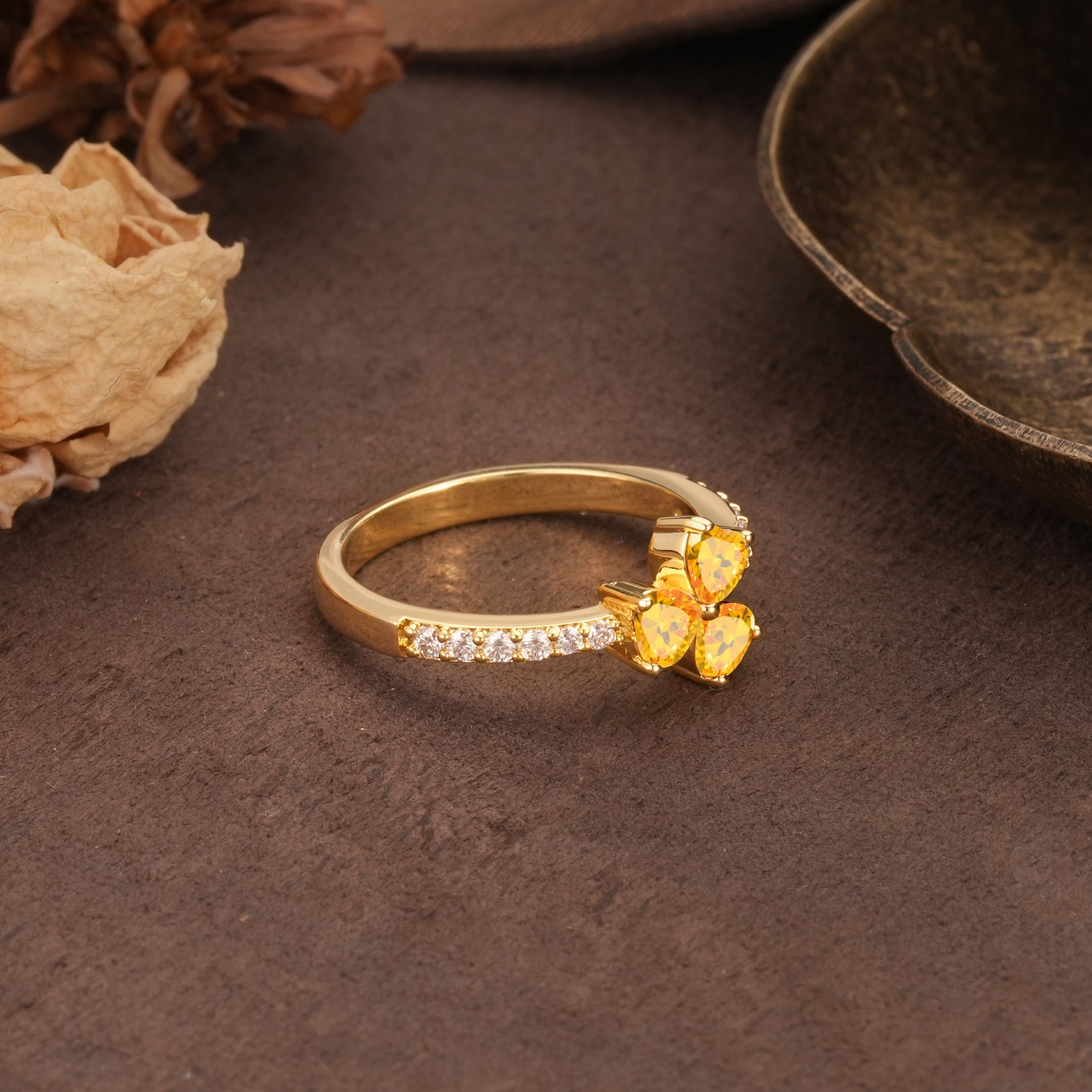 Unique Three-Leaf Clover, 3-Prong Heart Cut Citrine Three-Stone Wedding Ring - Additional view