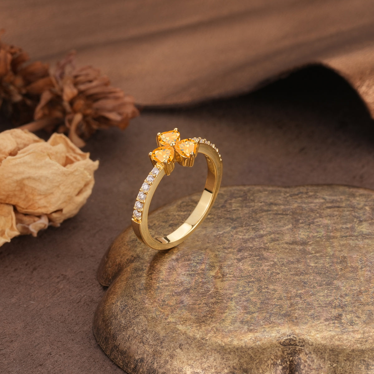 Unique Three-Leaf Clover, 3-Prong Heart Cut Citrine Three-Stone Wedding Ring - Additional view