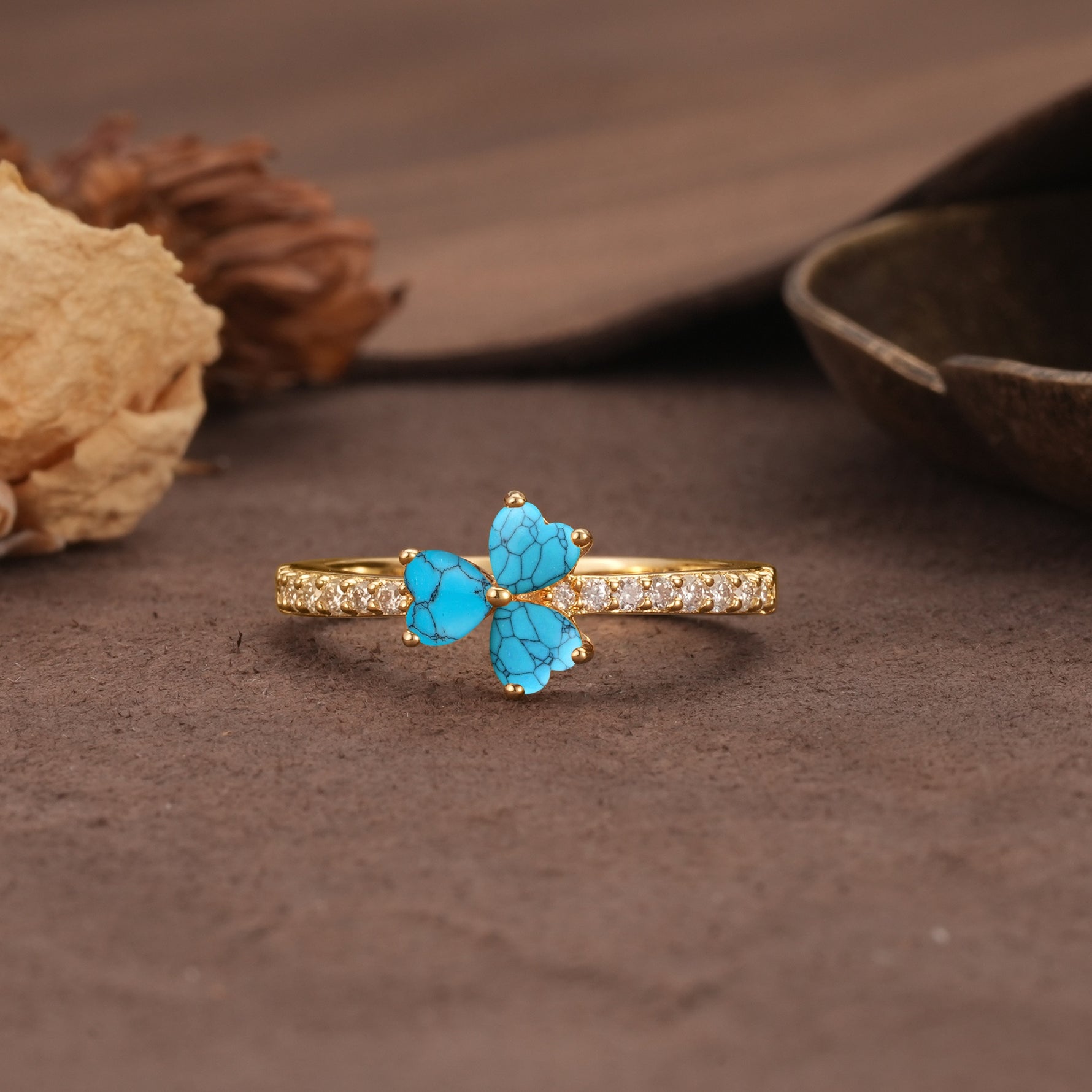 Unique Three-Leaf Clover, 3-Prong Heart Cut Turquoise Three-Stone Wedding Ring - Additional view