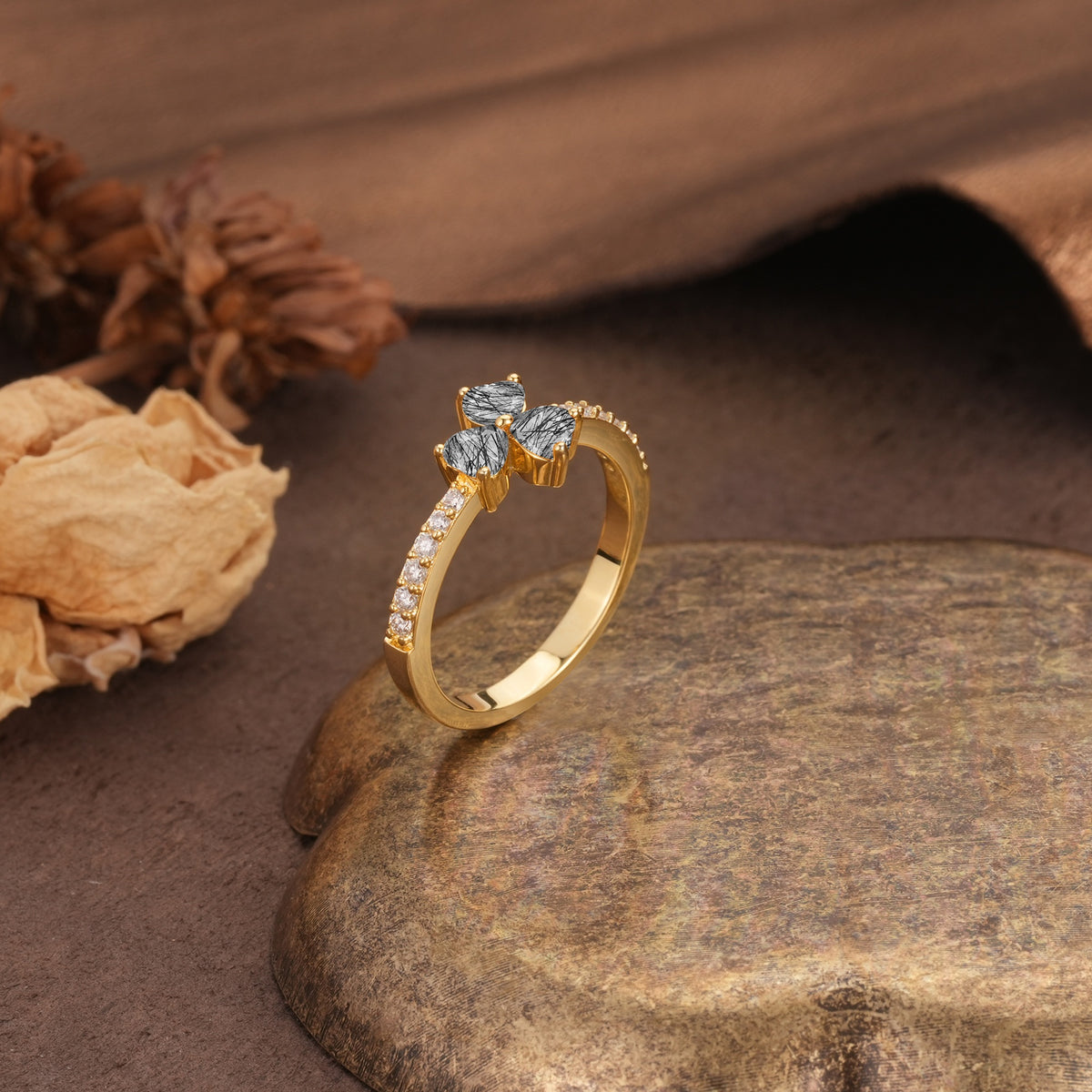 Unique Three-Leaf Clover, 3-Prong Heart Cut Black Rutilated Quartz Three-Stone Wedding Ring - Additional view