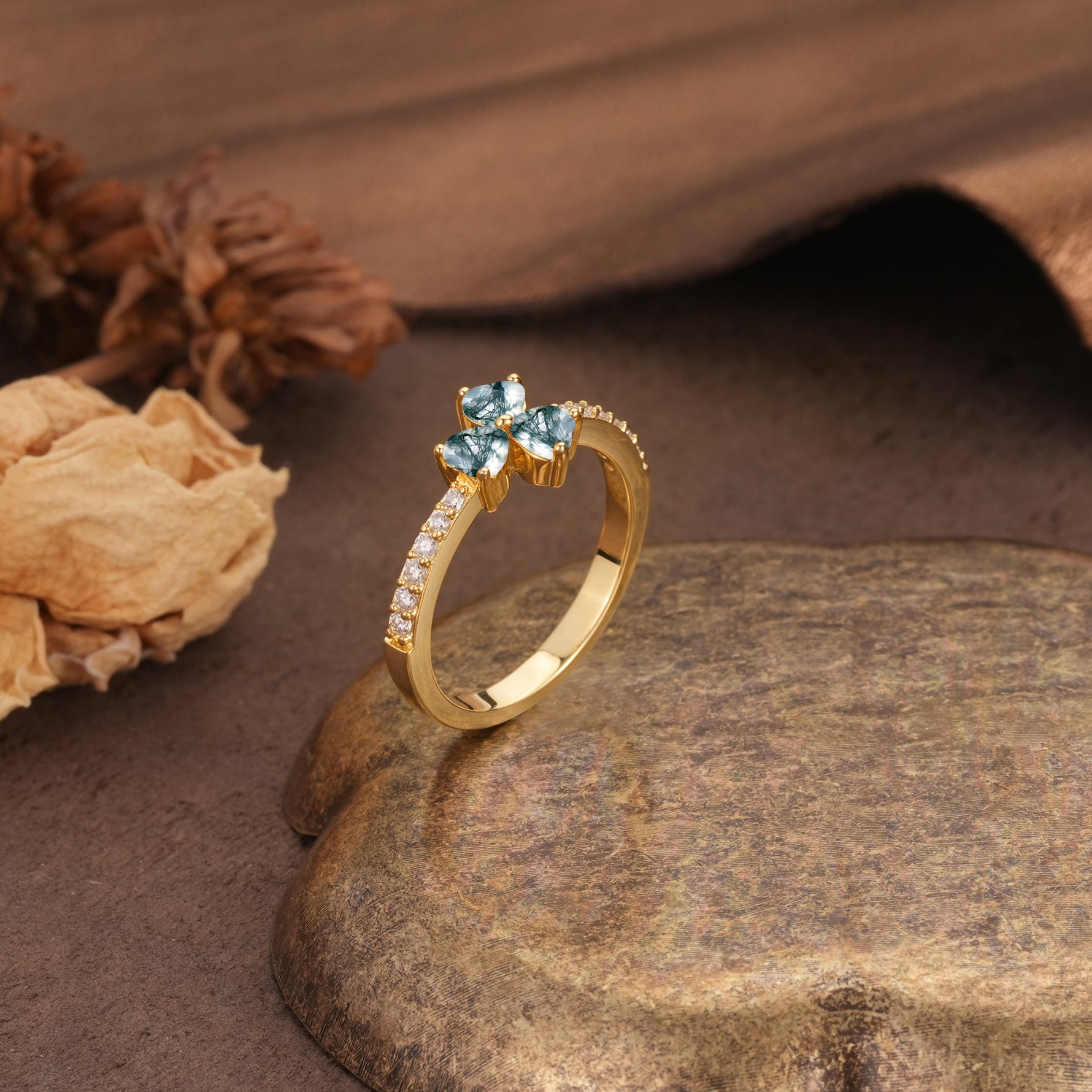 Unique Three-Leaf Clover, 3-Prong Heart Cut Moss Agate Three-Stone Wedding Ring - Additional view