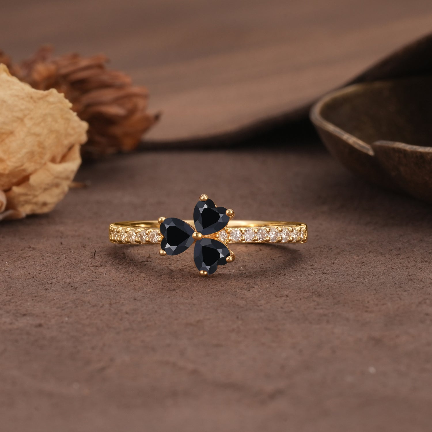Unique Three-Leaf Clover, 3-Prong Heart Cut Black Onyx Three-Stone Wedding Ring - Additional view