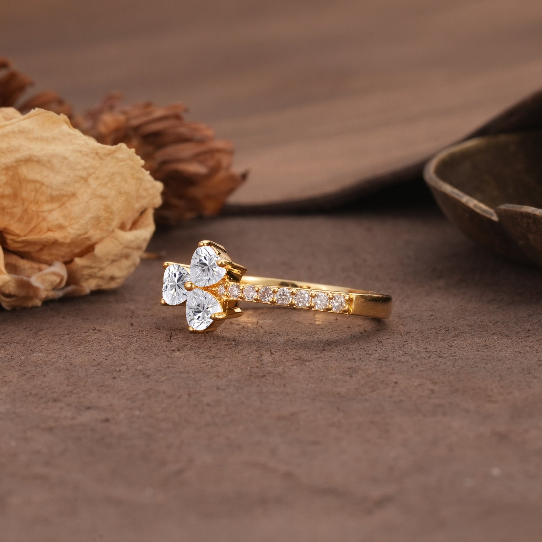 Unique Three-Leaf Clover, 3-Prong Heart Cut Lab Diamond Three-Stone Wedding Ring - Additional view