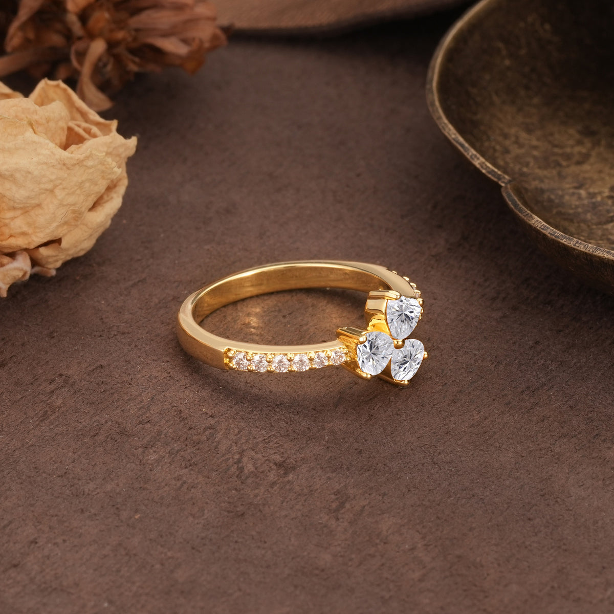 Unique Three-Leaf Clover, 3-Prong Heart Cut Lab Diamond Three-Stone Wedding Ring - Additional view