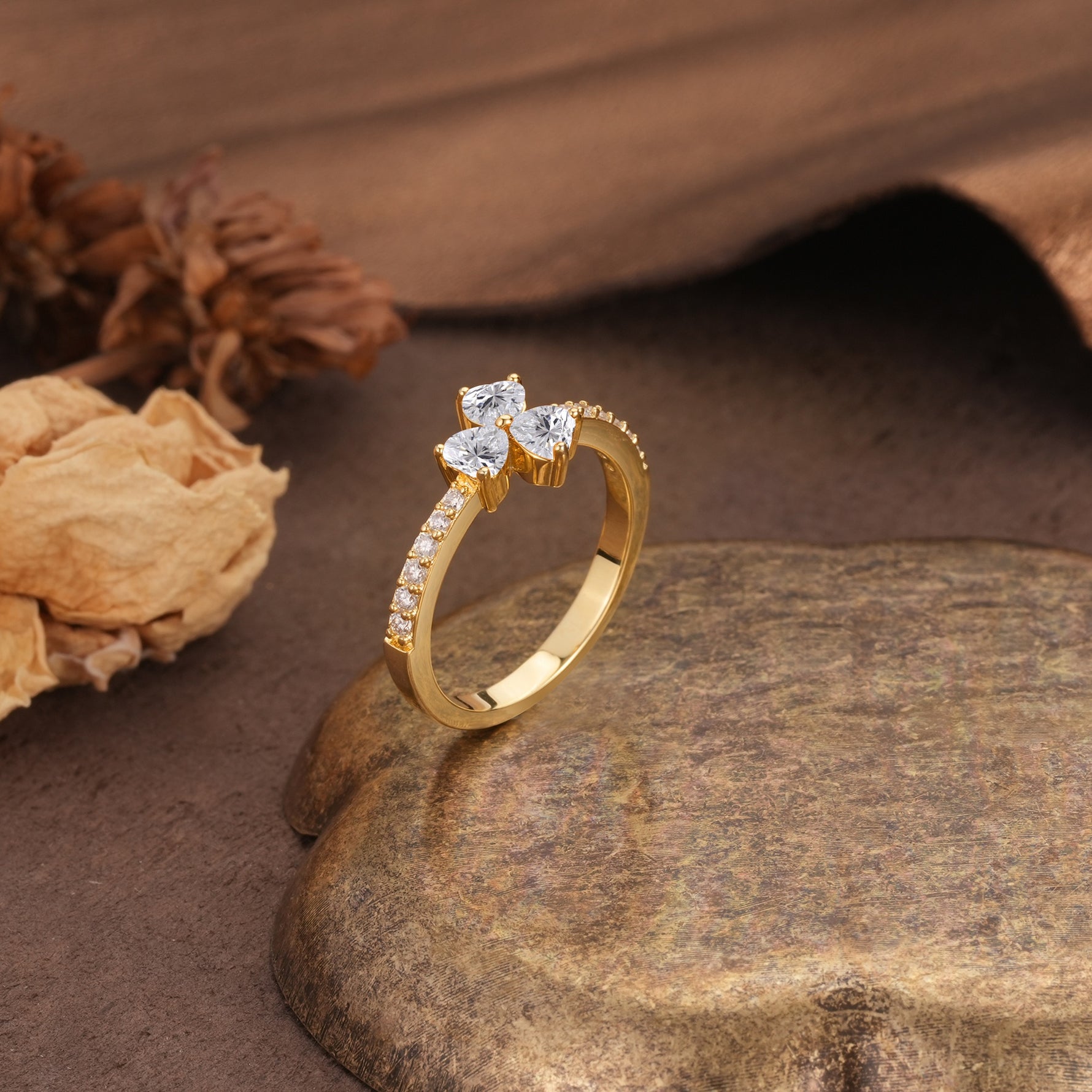 Unique Three-Leaf Clover, 3-Prong Heart Cut Lab Diamond Three-Stone Wedding Ring - Additional view