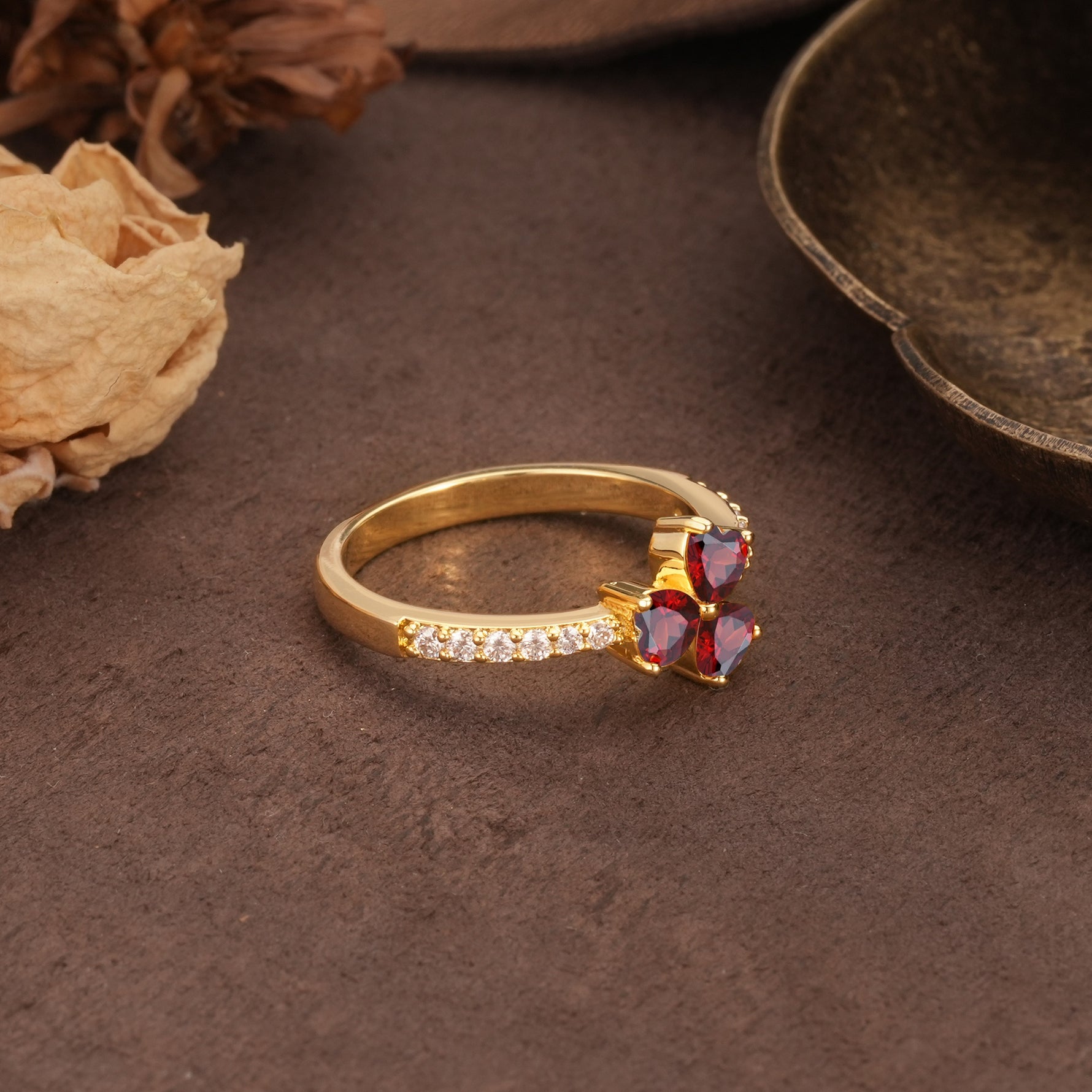 Unique Three-Leaf Clover, 3-Prong Heart Cut Garnet Three-Stone Wedding Ring - Additional view