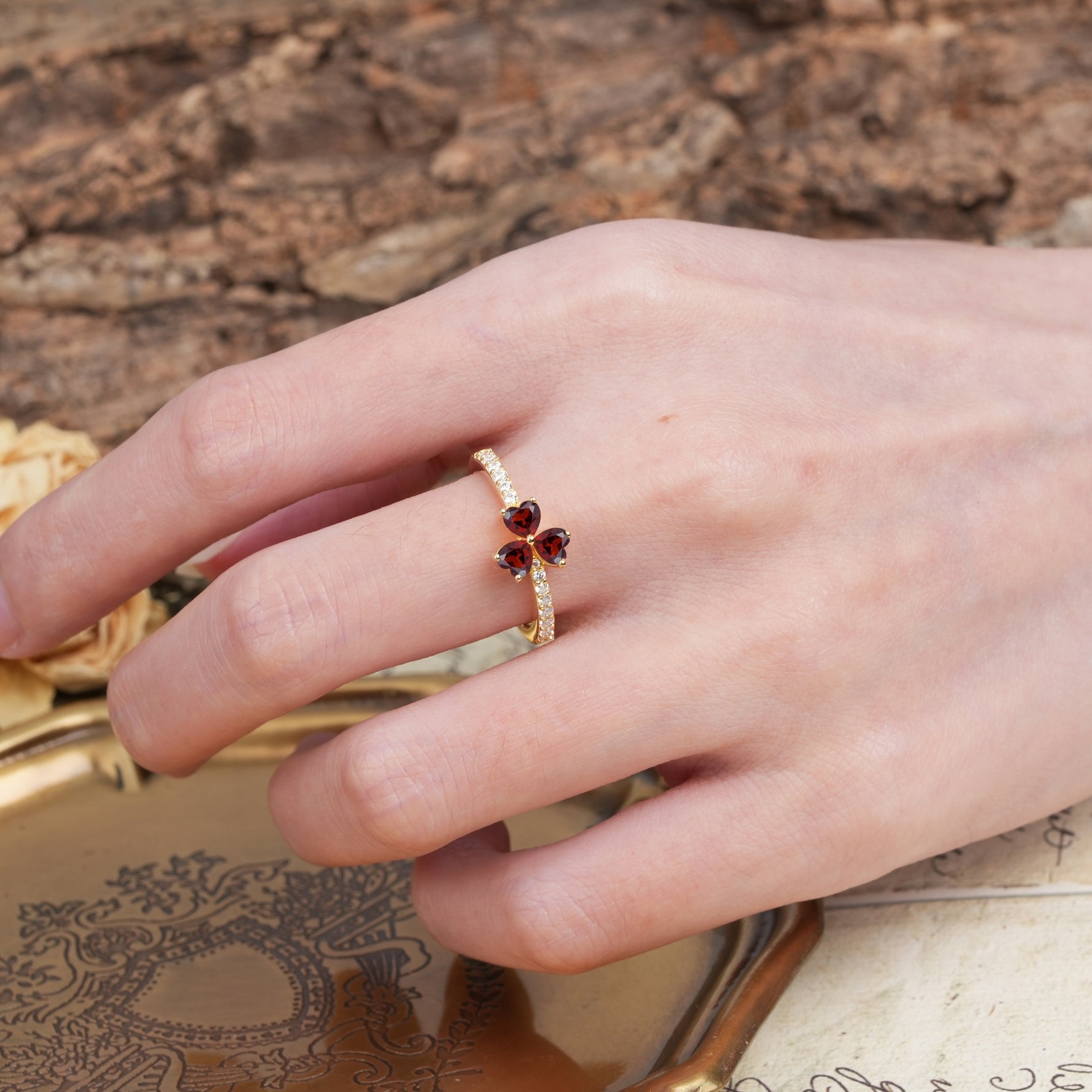 Unique Three-Leaf Clover, 3-Prong Heart Cut Garnet Three-Stone Wedding Ring - Additional view