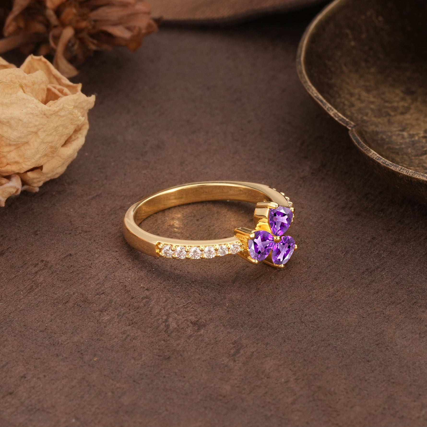 Unique Three-Leaf Clover, 3-Prong Heart Cut Amethyst Three-Stone Wedding Ring - Additional view