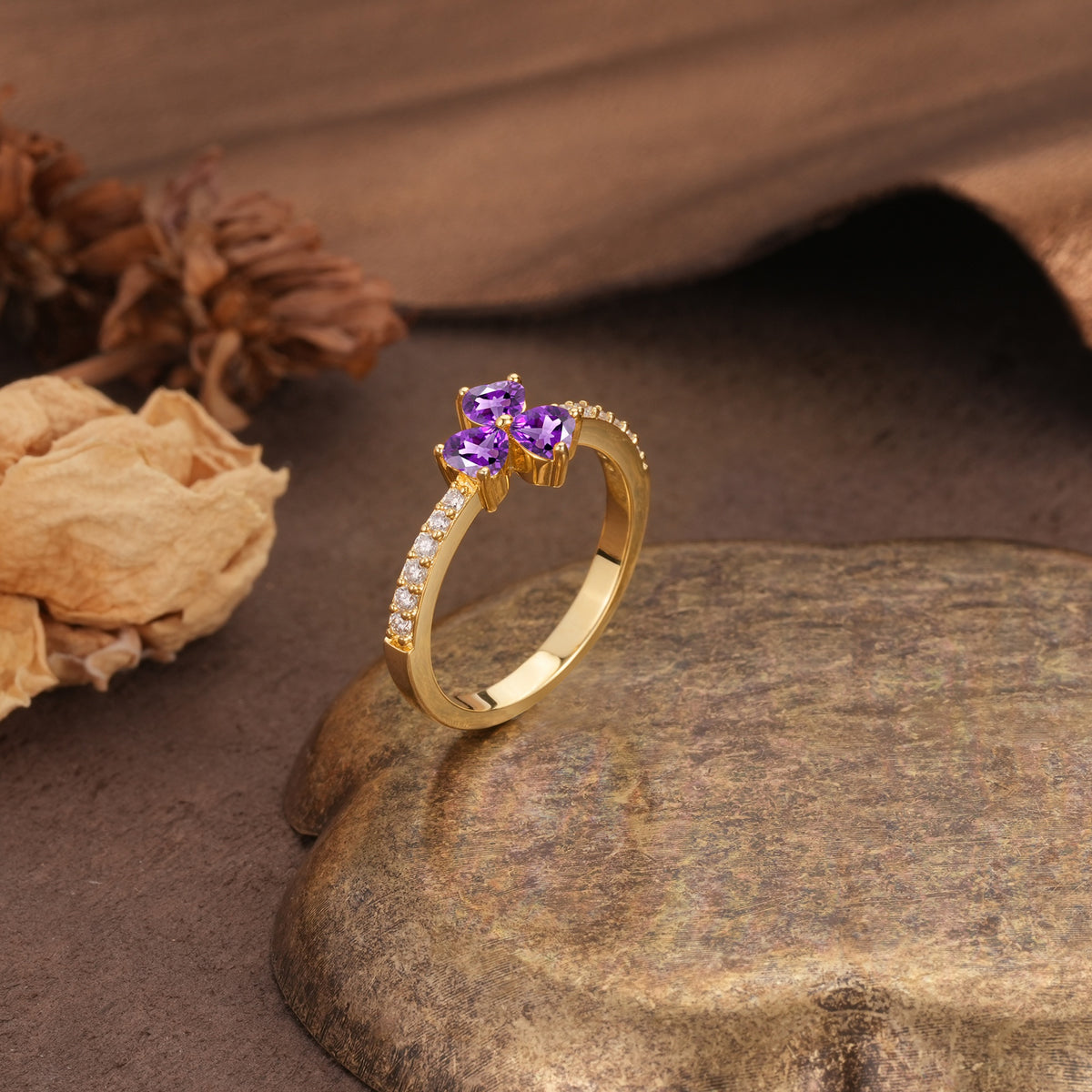 Unique Three-Leaf Clover, 3-Prong Heart Cut Amethyst Three-Stone Wedding Ring - Additional view