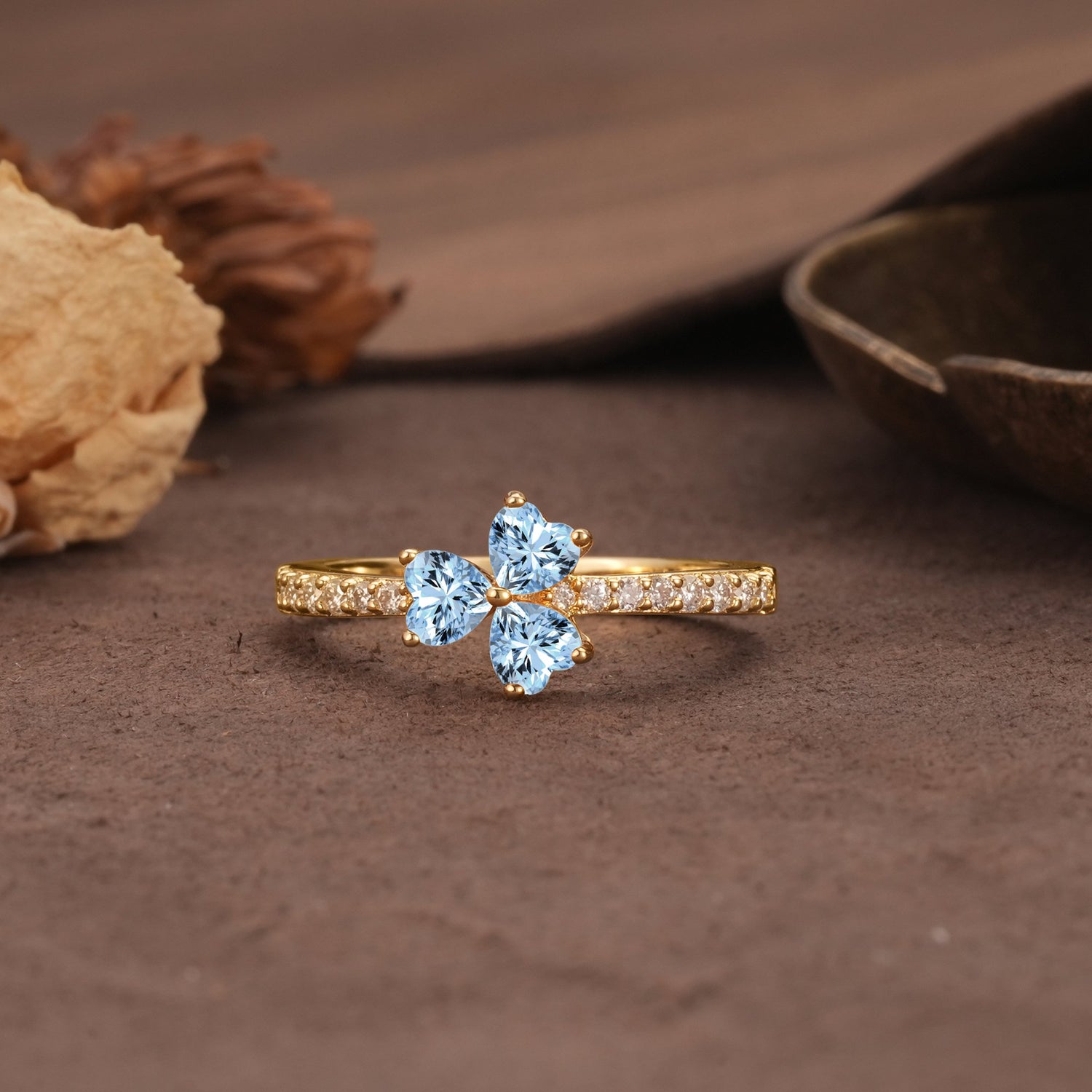 Unique Three-Leaf Clover, 3-Prong Heart Cut Aquamarine Three-Stone Wedding Ring