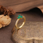 Unique Three-Leaf Clover, 3-Prong Heart Cut Emerald Three-Stone Wedding Ring - Additional view