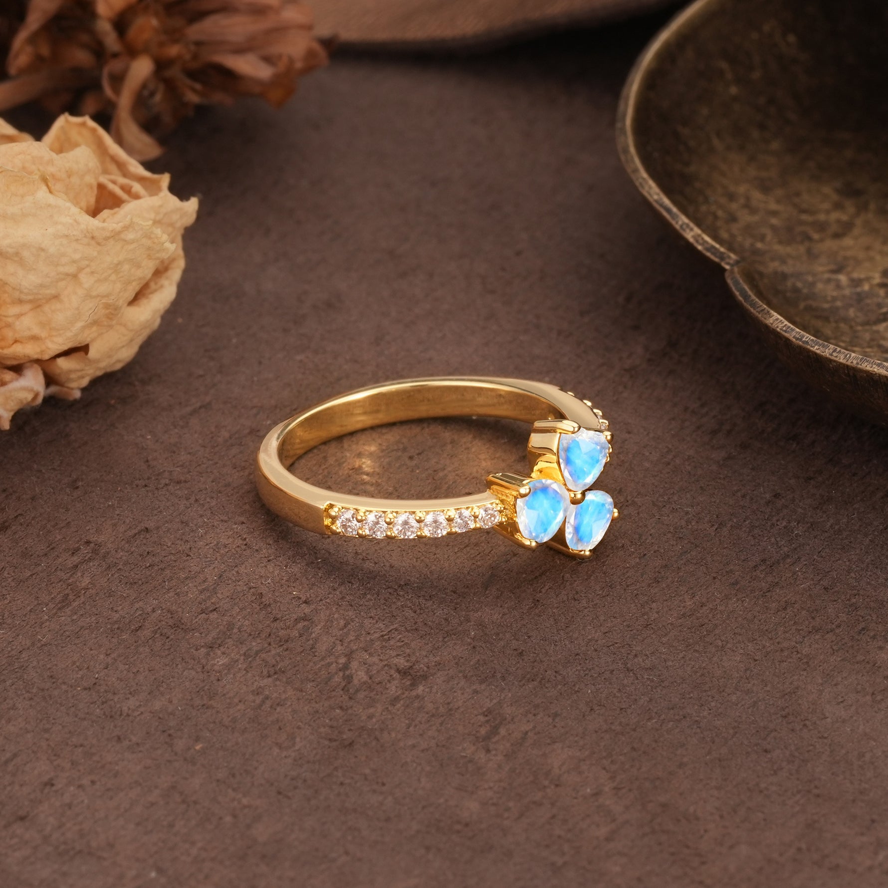 Unique Three-Leaf Clover, 3-Prong Heart Cut Moonstone Three-Stone Wedding Ring - Additional view