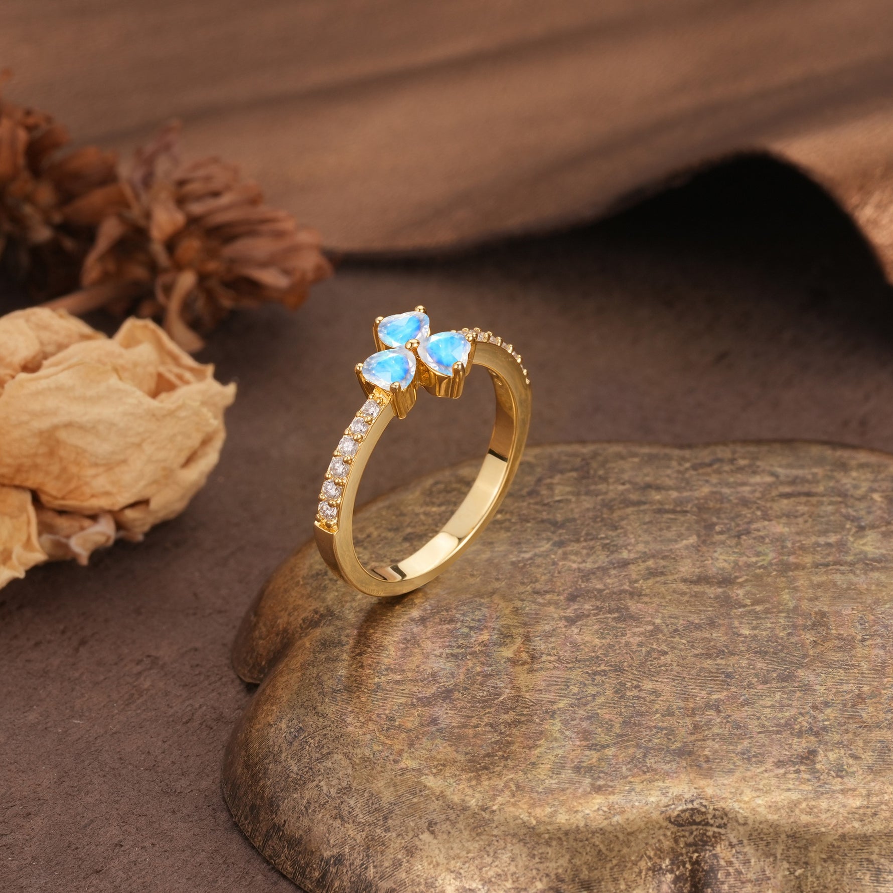 Unique Three-Leaf Clover, 3-Prong Heart Cut Moonstone Three-Stone Wedding Ring - Additional view